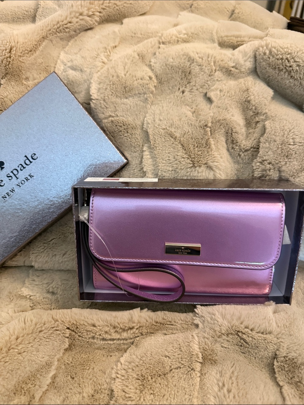 kate spade iridescent pink-lavender wristlet clutch with gold plaque